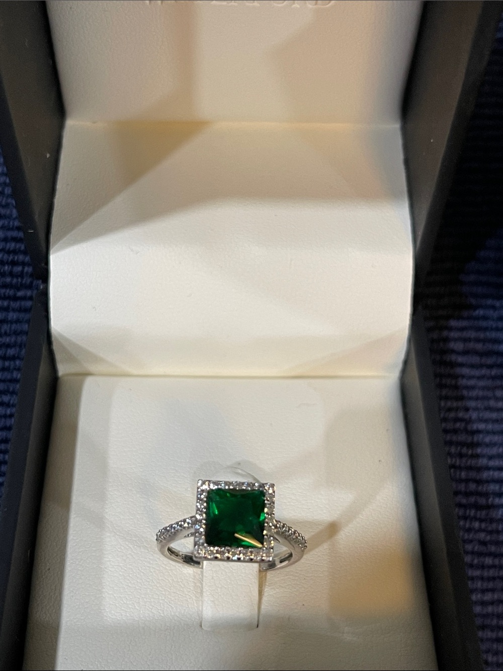 Waterford Green Square Halo Ring with Pavé Band, size 6